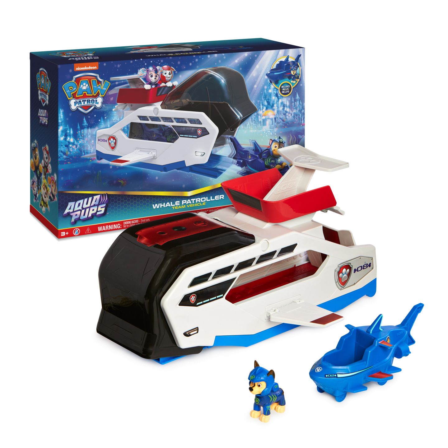 PAW Patrol Aqua Pups - Walvis Patroller-teamvoertuig met Chase-actiefiguur speelgoedauto en voertuigwerper